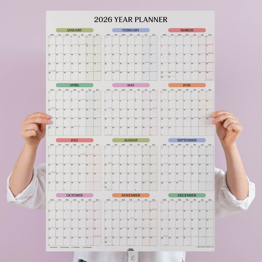 2026 year planner, with pastel colours. View your year at a glance.