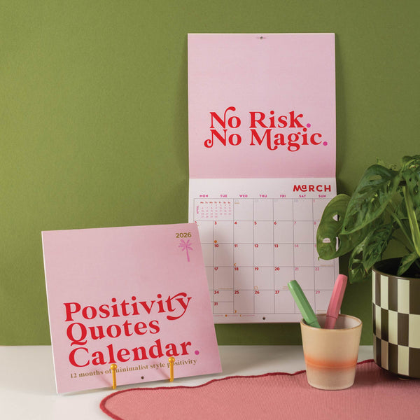 2026 Calendar featuring Positivity quotes. Pink front cover.
