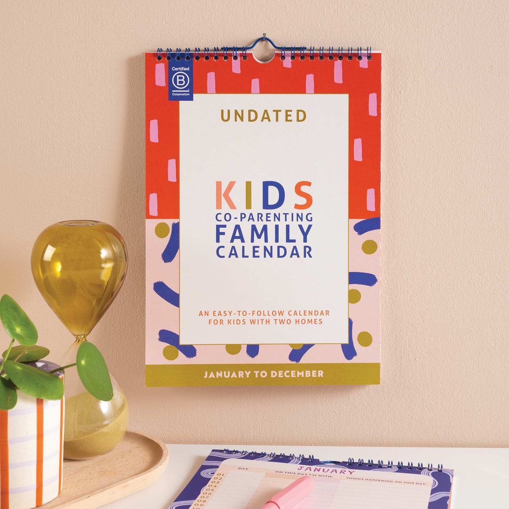 Colorful 'Kids Co-Parenting Family Calendar'. 100% Recycled Paper. Bcorp Certified.