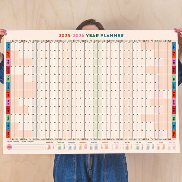 A1 academic year wall planner 2025–2026 with bold colour palette