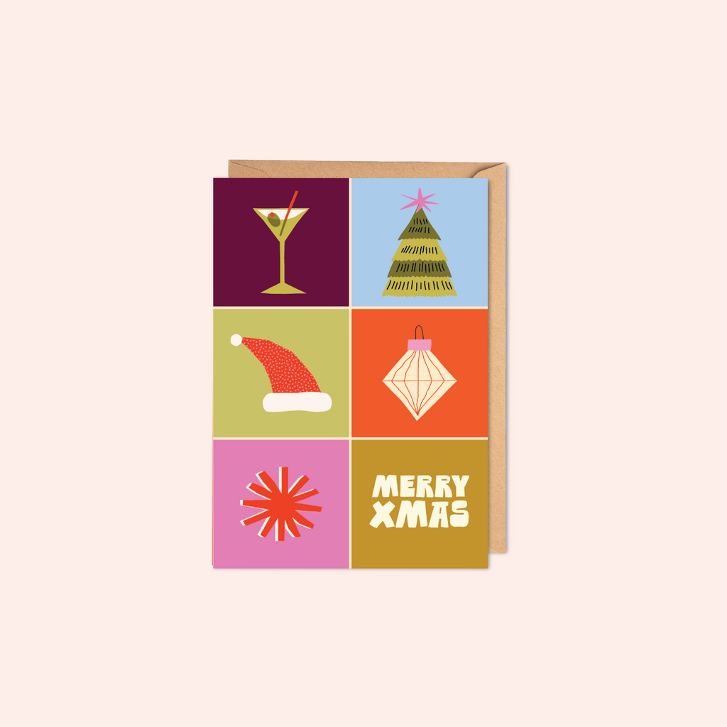 Colorful Christmas-themed card with festive illustrations on a beige background