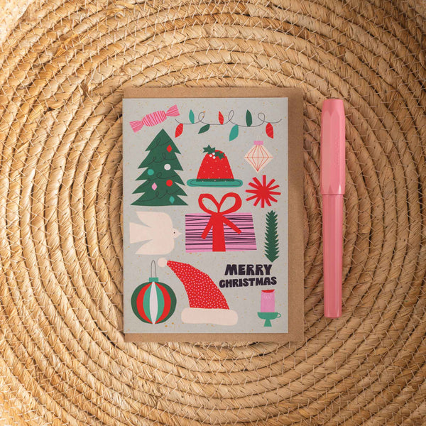 Christmas-themed card with festive illustrations