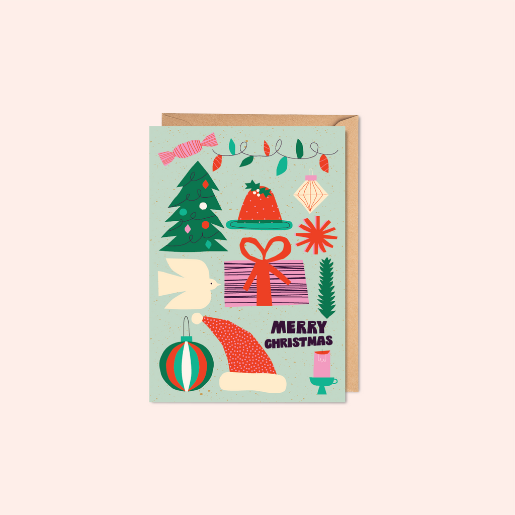 Christmas-themed greeting card with festive illustrations