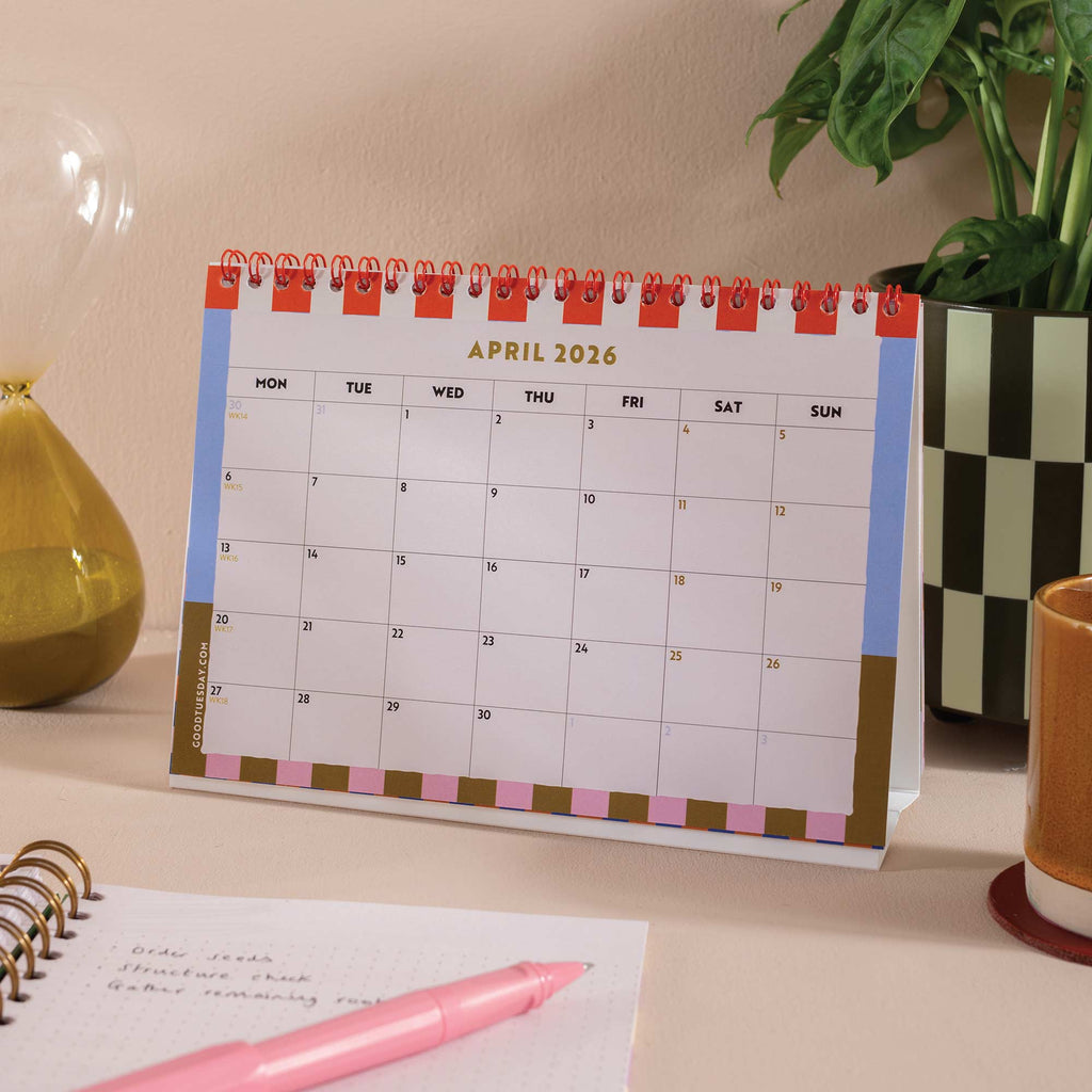 Month-to-view page layout of the 2025–2026 Academic Desk Calendar – Flip August Start, showing spacious boxes for notes