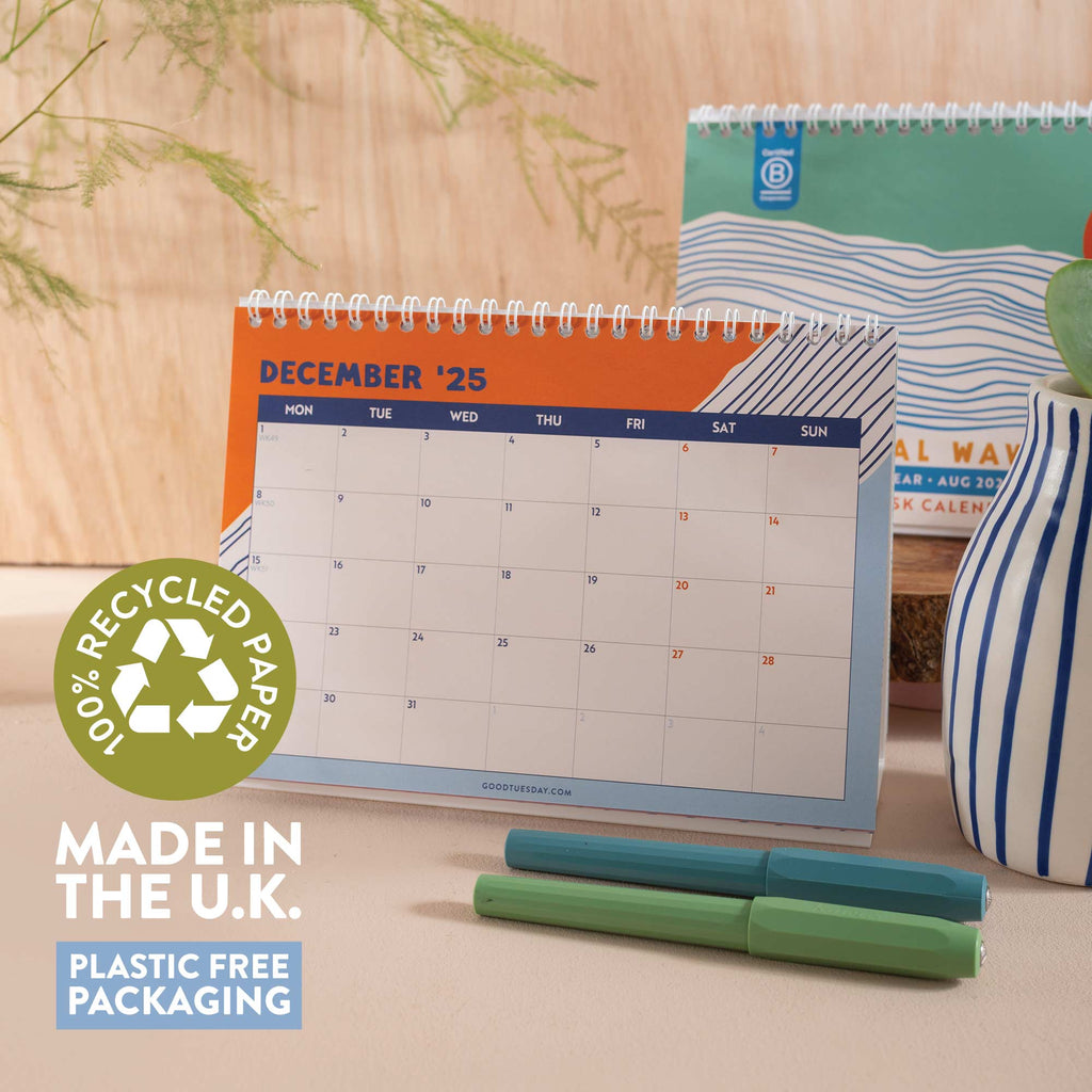 Close-up of the 2025–2026 Ocean Tidal Waves Desk Calendar, emphasising the use of 100% recycled paper and eco-conscious printing