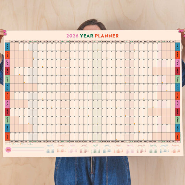 2026 A1 wall planner with bold monthly tabs and colourful staggered layout