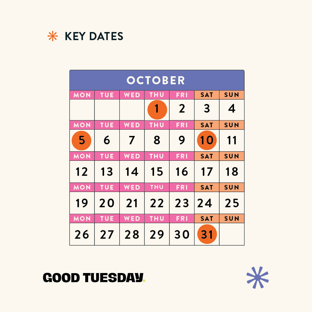 October 2026 key dates calendar graphic for marketing and social media planning