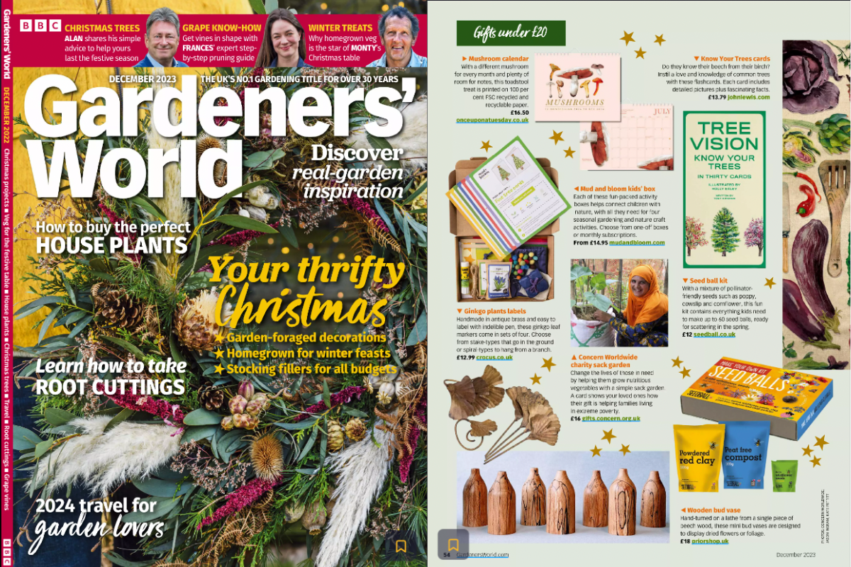 BBC Gardeners World Magazine. Featuring 2024 Mushroom Calendar by Once Upon a Tuesday. December 2023 Issue.