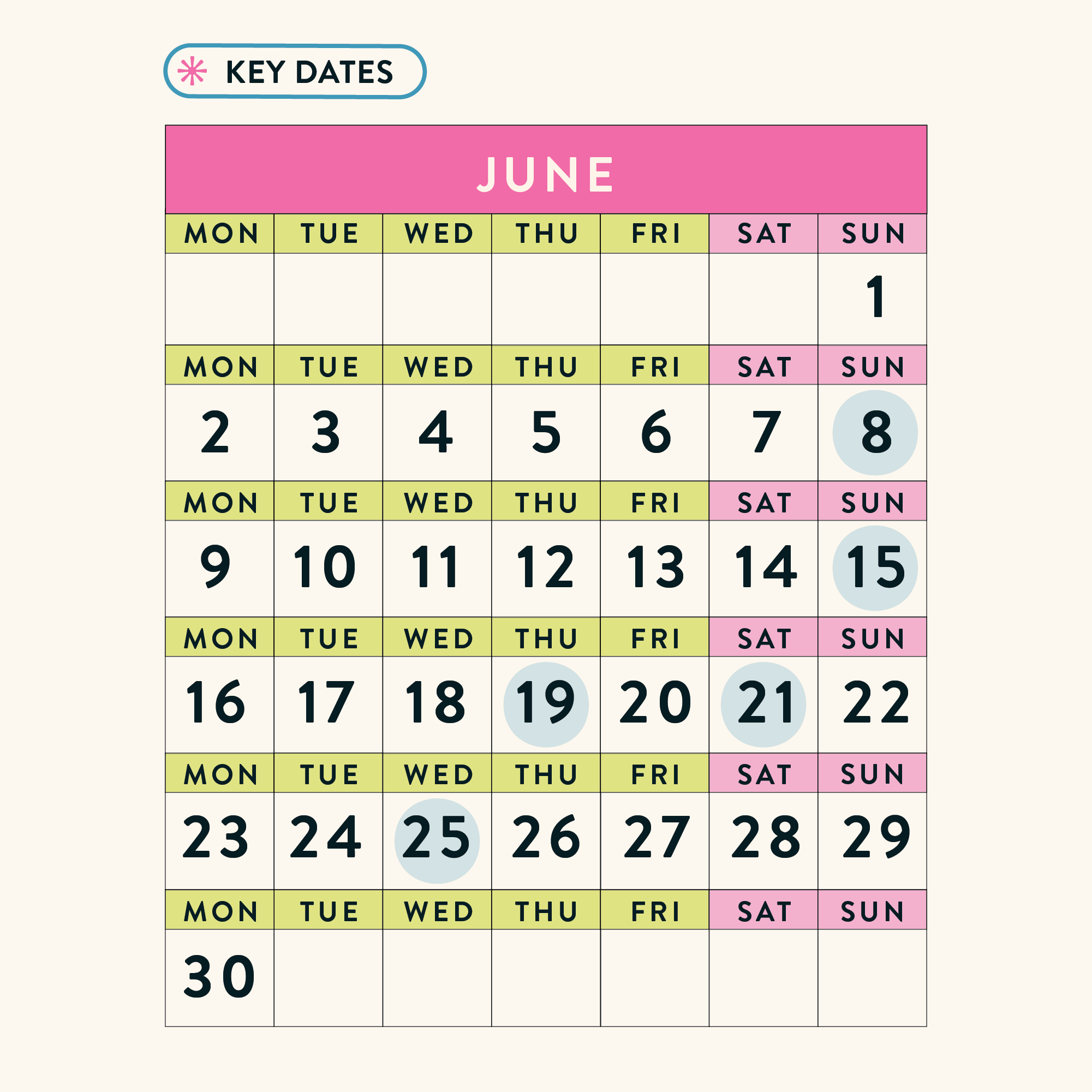 Key dates for calendars for June 2025