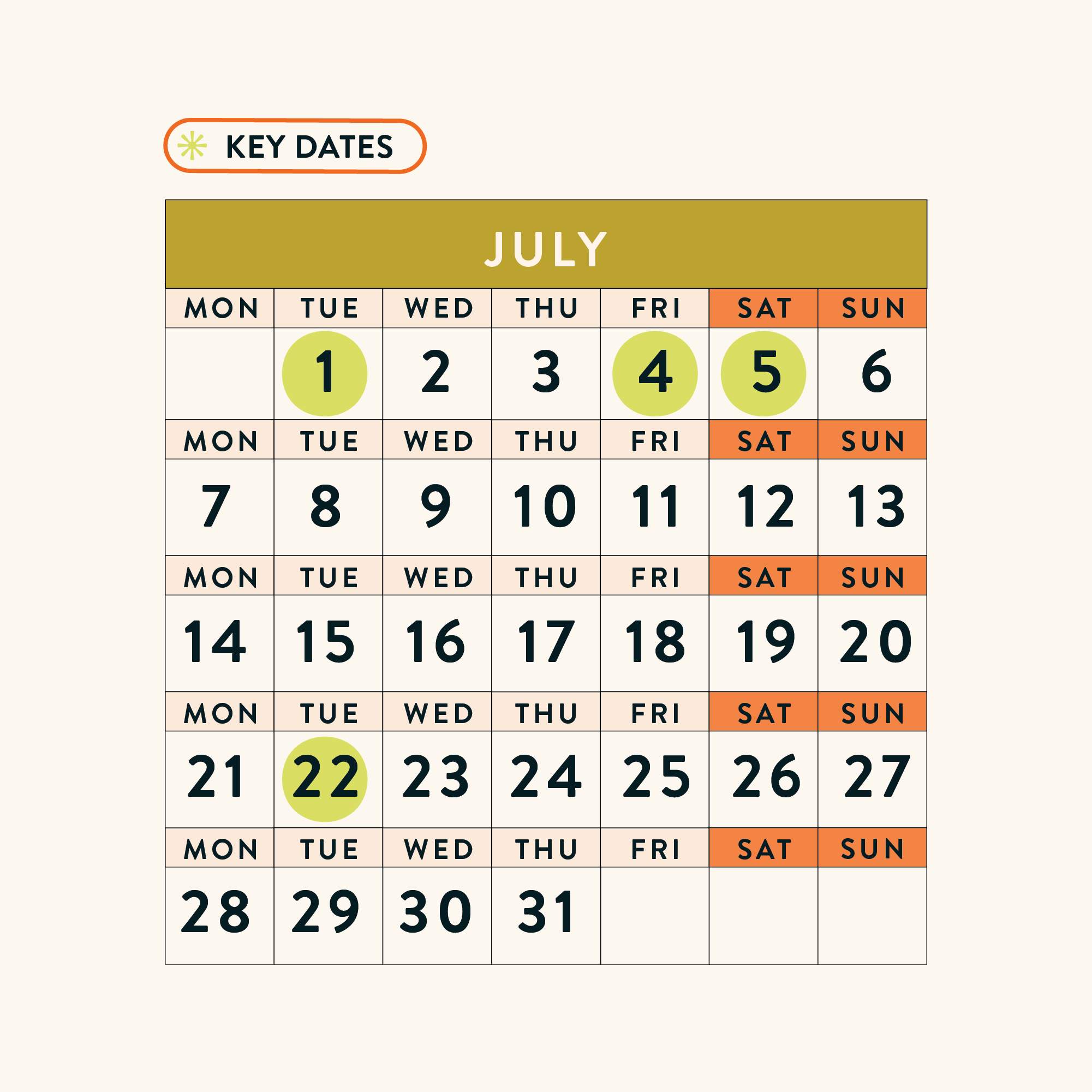 July 2025 - Dates for your calendar