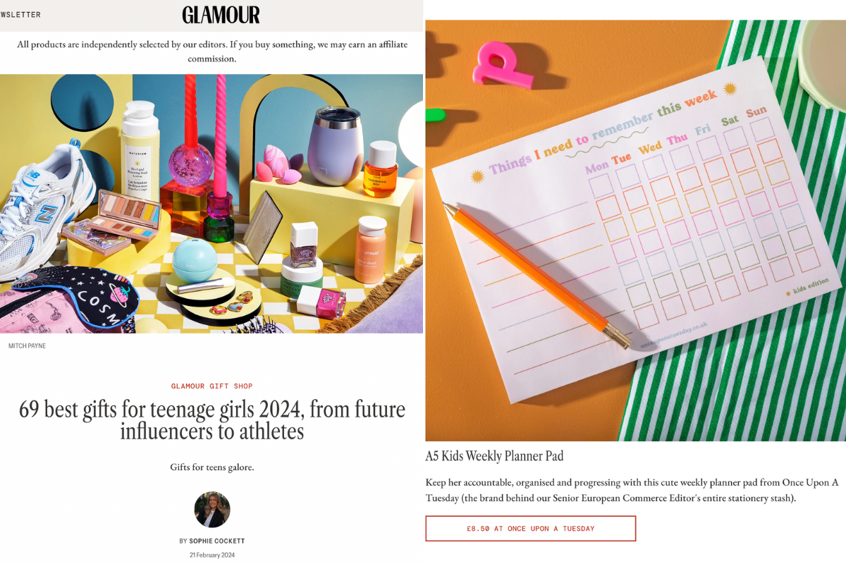 A5 Kids Weekly Planner Pad by Once Upon a Tuesday featured in Glamour Magazine