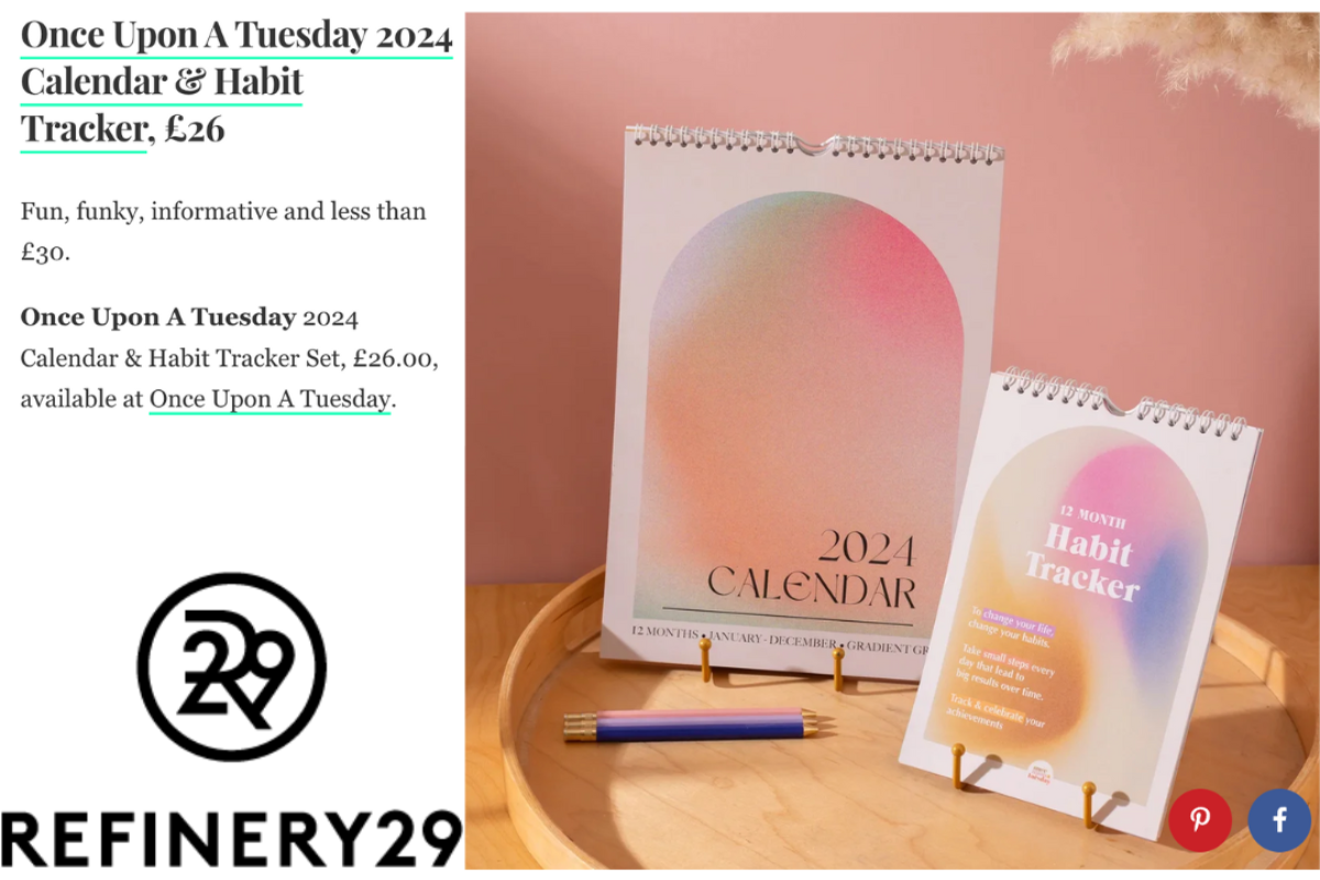 Once Upon a Tuesday's Gradients 2024 Calendar and Habit Tracker Gift Set featured in the refinery 29 christmas gift guide 2024