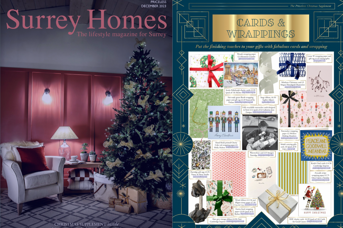 Surrey Homes December 2023 issue featuring Once Upon a Tuesday Wrapping Paper in Avocado Stripe