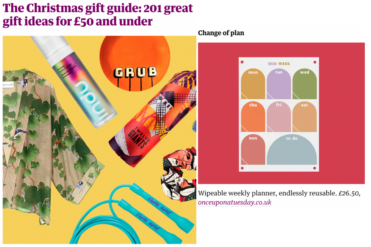 Once Upon a Tuesday's 100% recycled acrylic planners featured in The Guardians 2023 Christmas Gift Guide