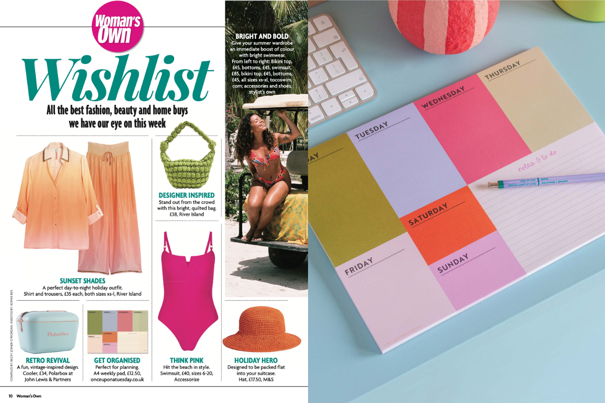 Block My Life A4 weekly planner pad by Once Upon a Tuesday featured in Woman's Own Magazine July 2024