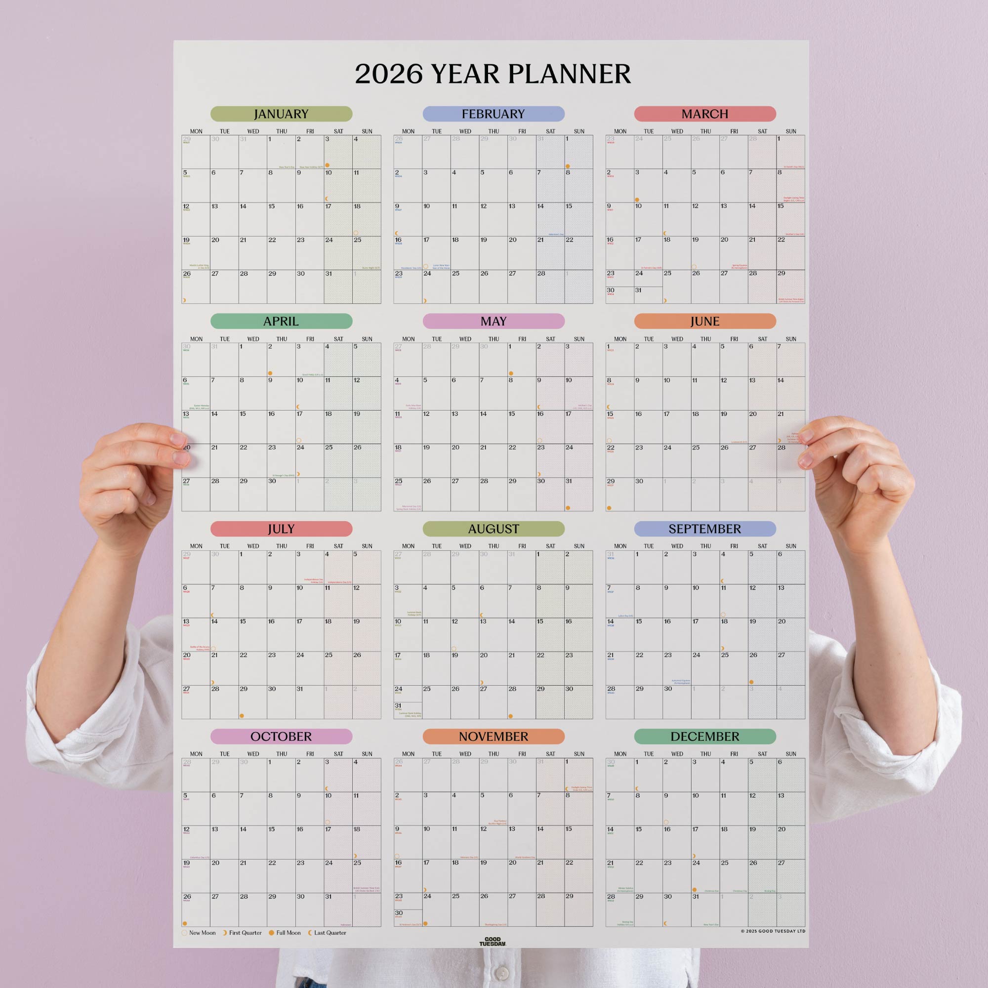 2026 year planner, with pastel colours. View your year at a glance. 