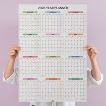 2026 year planner, with pastel colours. View your year at a glance. 