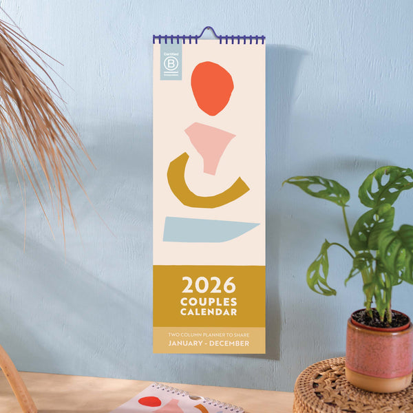 2026 Couples Calendar with colourful design. Two column planner, for sharing. January - December. Recycled paper. Made in the UK. 