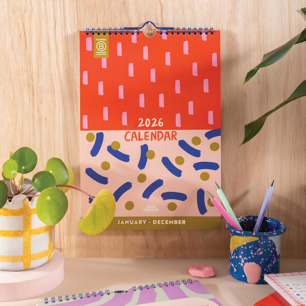 2026 colourful and vibrant calendar. Made on Recycled paper and in the UK. January to December. 