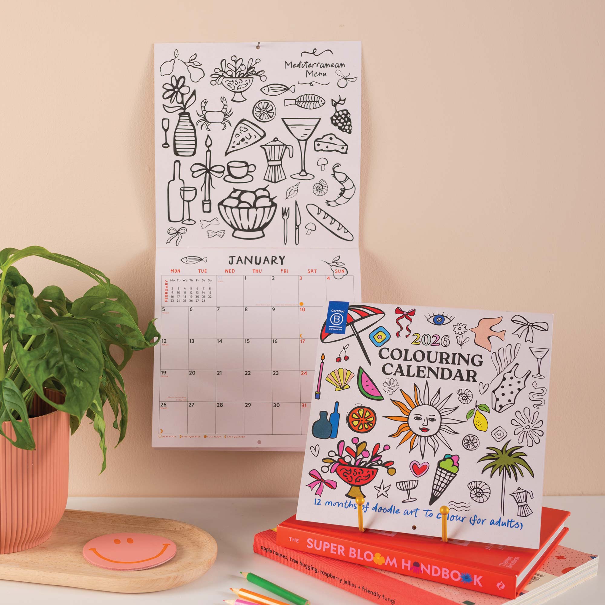 2026 Colouring Calendar. Featuring illustrations that can be coloured in, as well as a monthly calendar. 