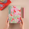 2026 Diary with pink and green abstract design. Hazy Ink Design. 