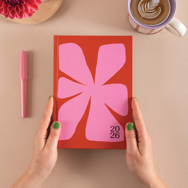 Red with pink floral design 2026 Diary. 