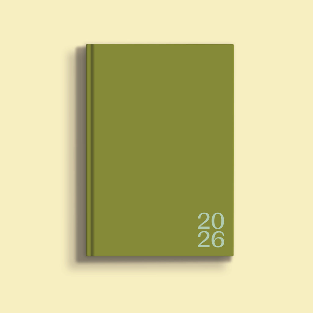 A minimalist, solid matcha green A5 diary cover for 2026. The year "2026" is printed vertically in a lighter shade of green on the bottom right corner of the cover.
