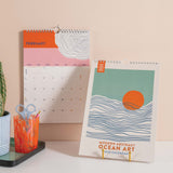 2026 Calendar with ocean art design with grid for writing and moon phases
