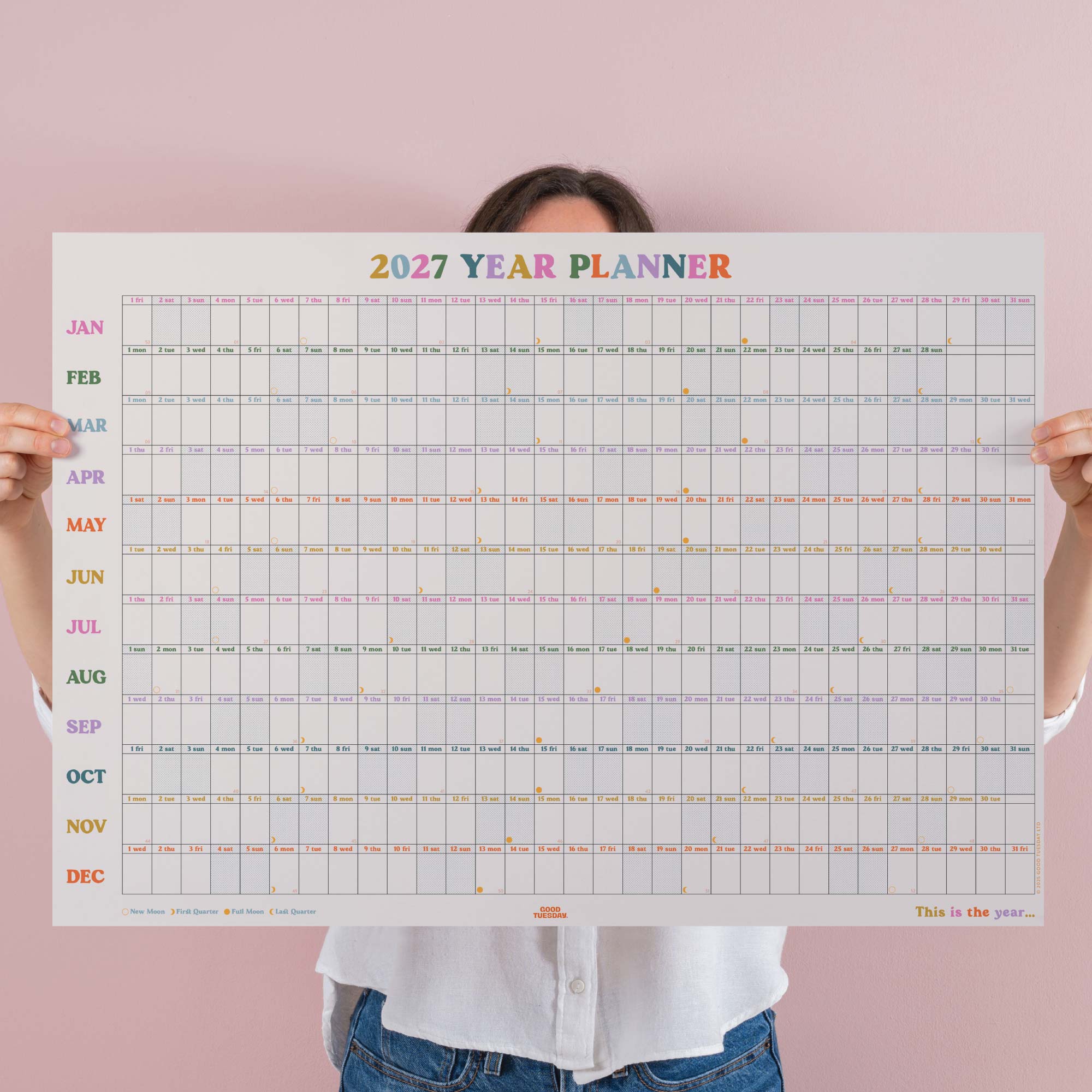 2027 Landscape Wall Planner. View your year at a glance. Colourful and compact 2027 calendar. 100% Recycled paper.