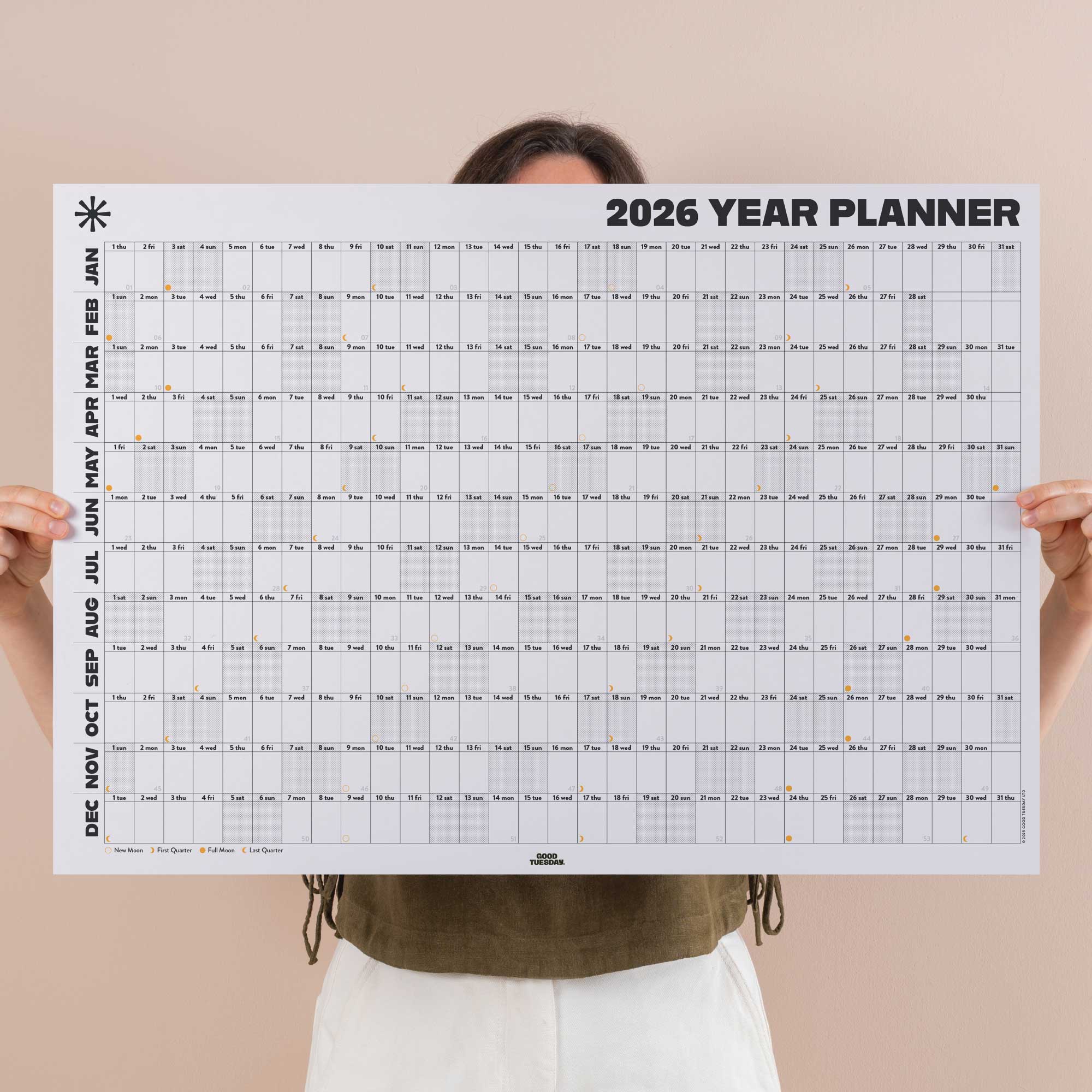 Good Tuesday's 2026 black and white landscape wall planner. 100% Recycled paper. 
