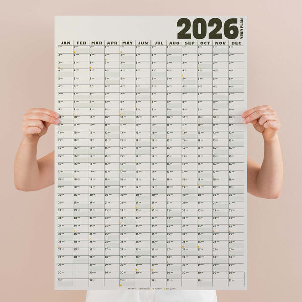Black and white 2026 wall planner. 100% recycled Paper, Made in the UK.