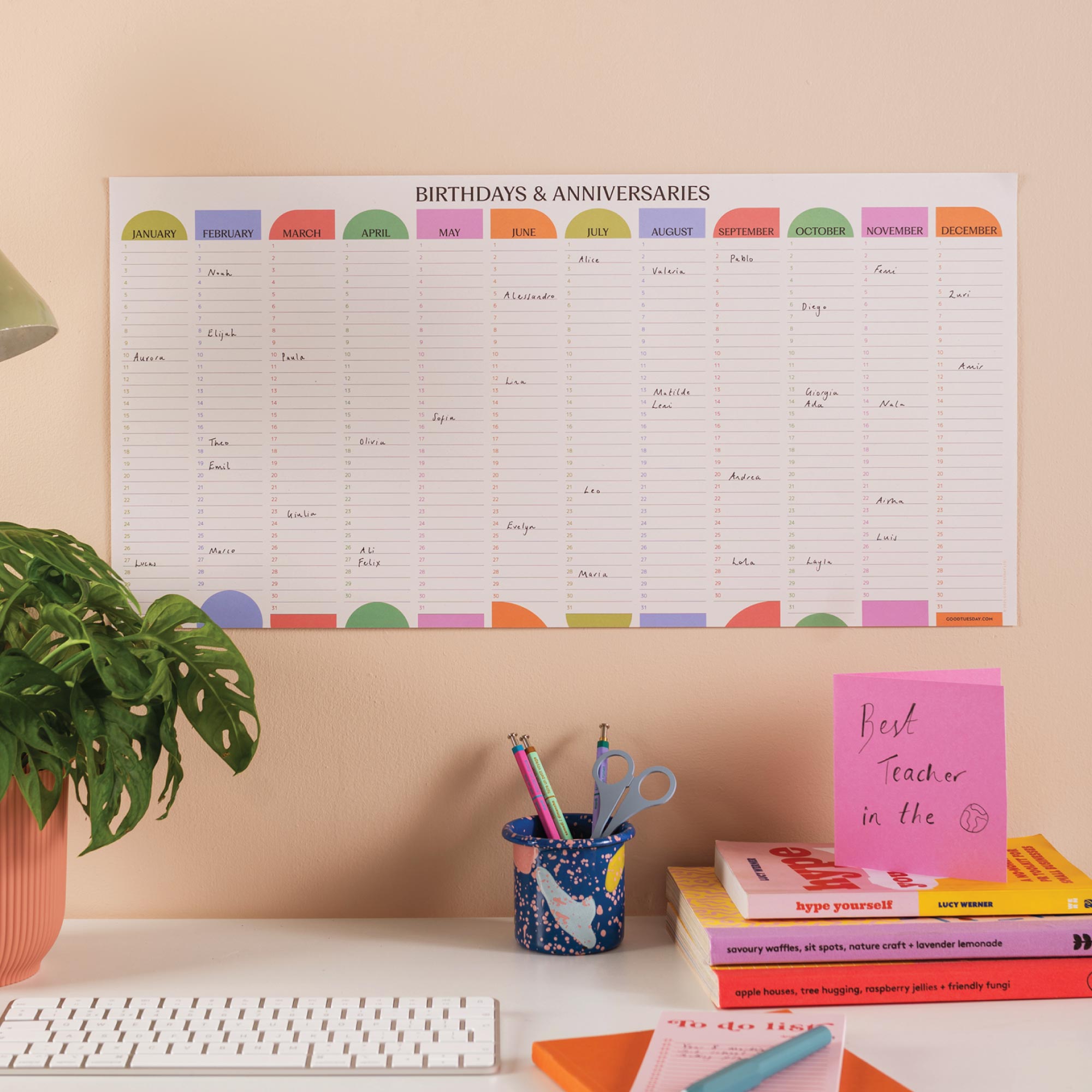 60 x 30cm wall planner, for birthdays and anniversaries, year view, bright colours and playful shapes