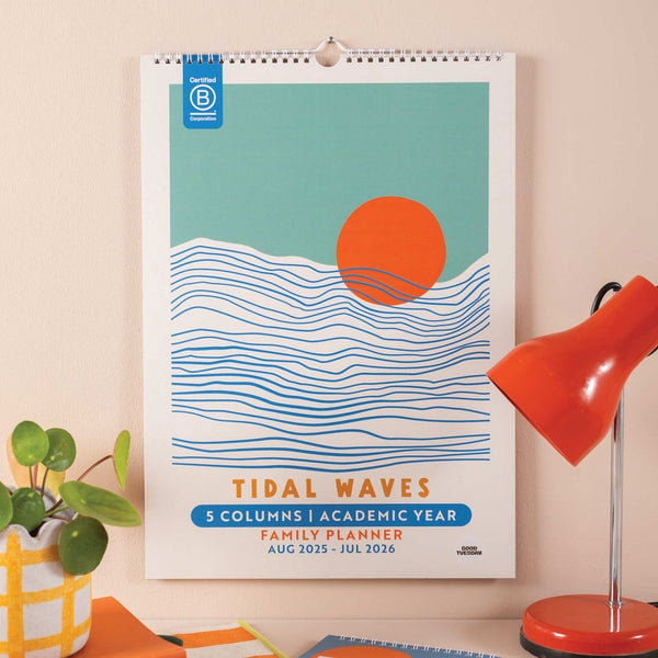 Tidal Waves Academic Family Planner 2025–2026 cover design with bold ocean artwork