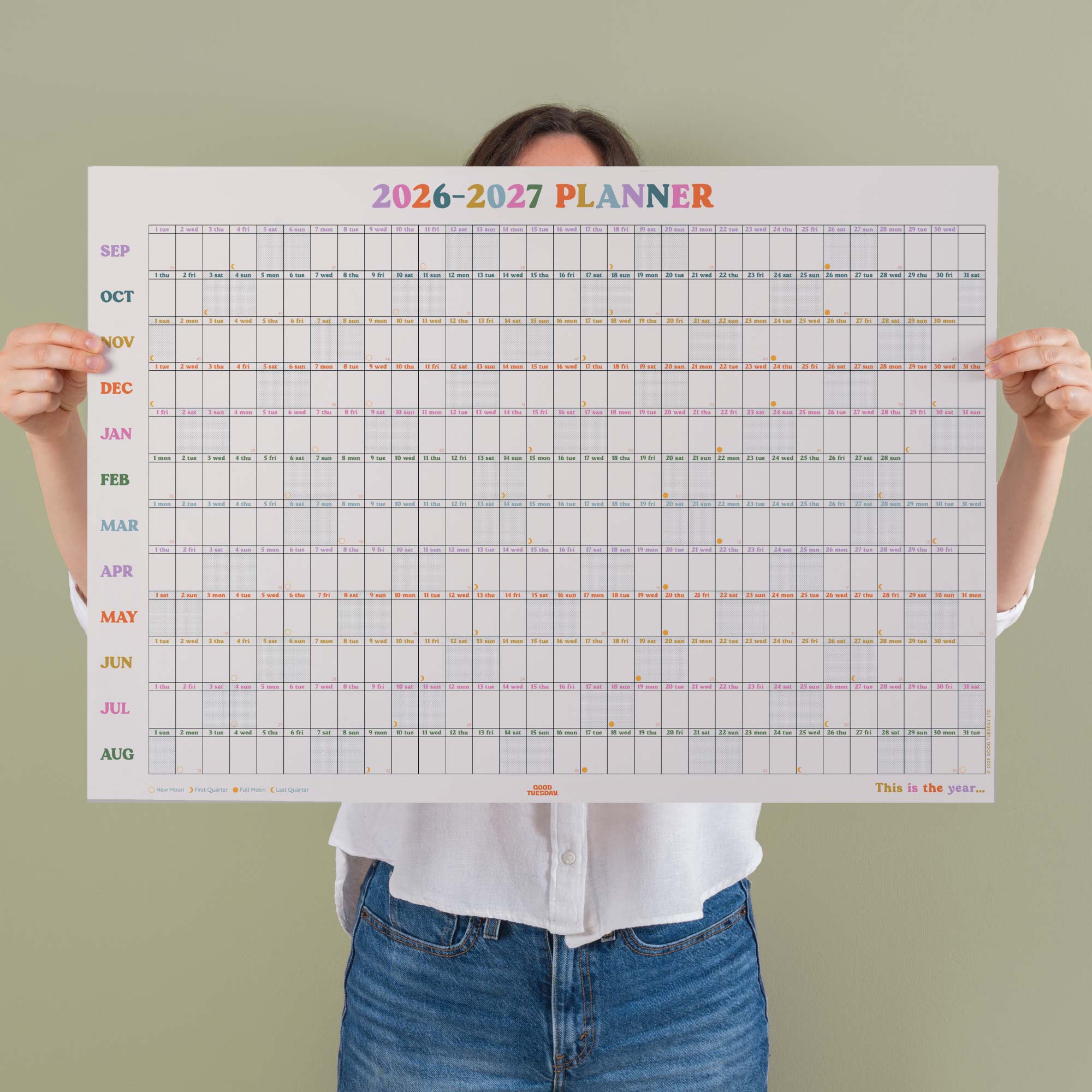 Academic 2026-2027 year wall planner. This is the year. Landscape planner. 100% recycled paper. By Good Tuesday.