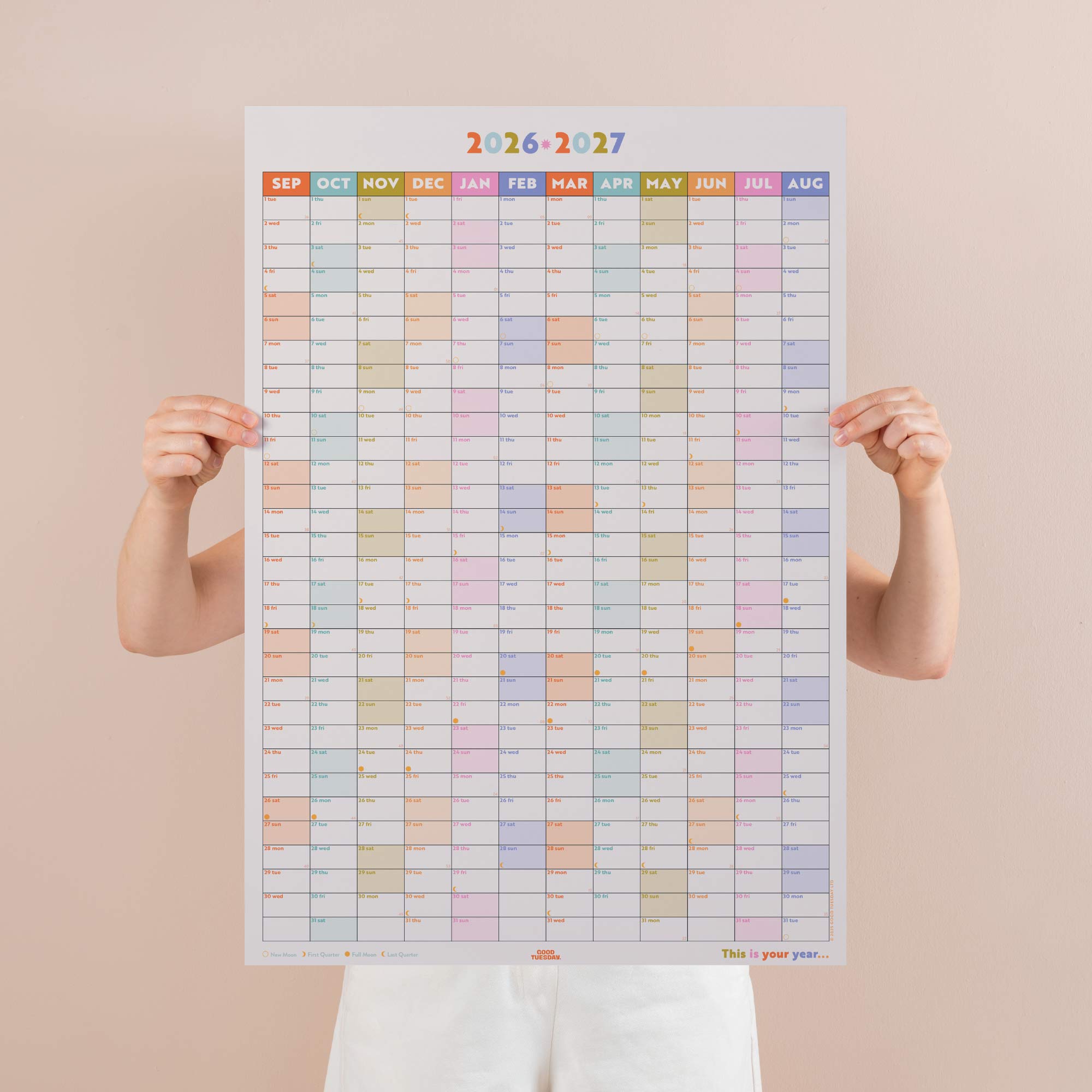 Pastel design academic wall planner, in portrait. 2026-2027 year. 