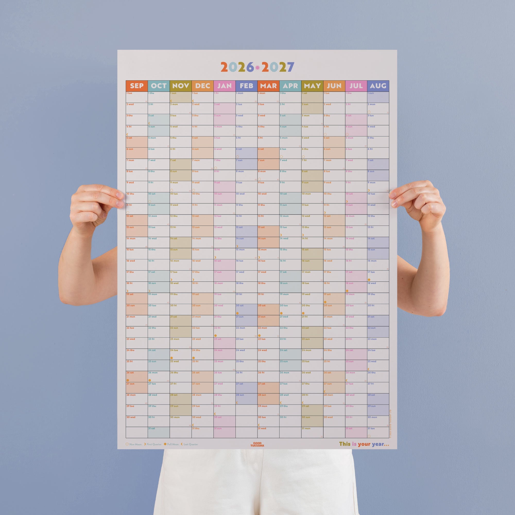 Pastel design academic wall planner, in portrait by Good Tuesday. 2026-2027 year.