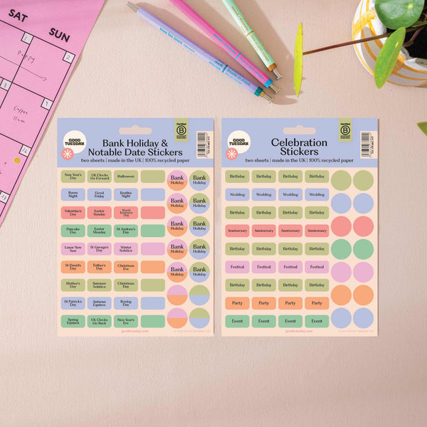 Two sheets of stickers labeled 'Bank Holiday & Notable Date Stickers' and 'Celebration Stickers'. Colourful planner stickers. 