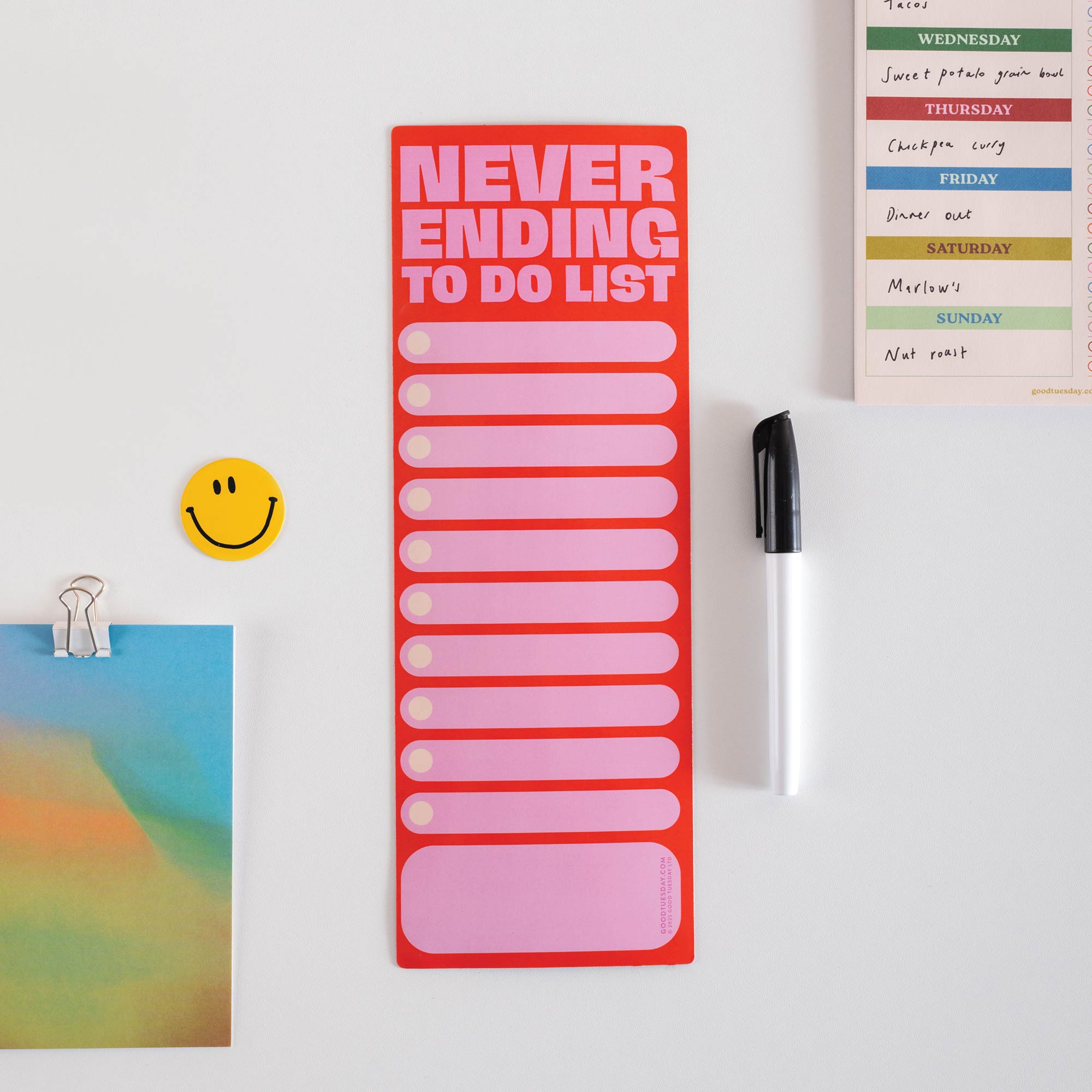 Good Tuesday's Never Ending to do list, magnetic fridge planner. Bold pink and red design. 