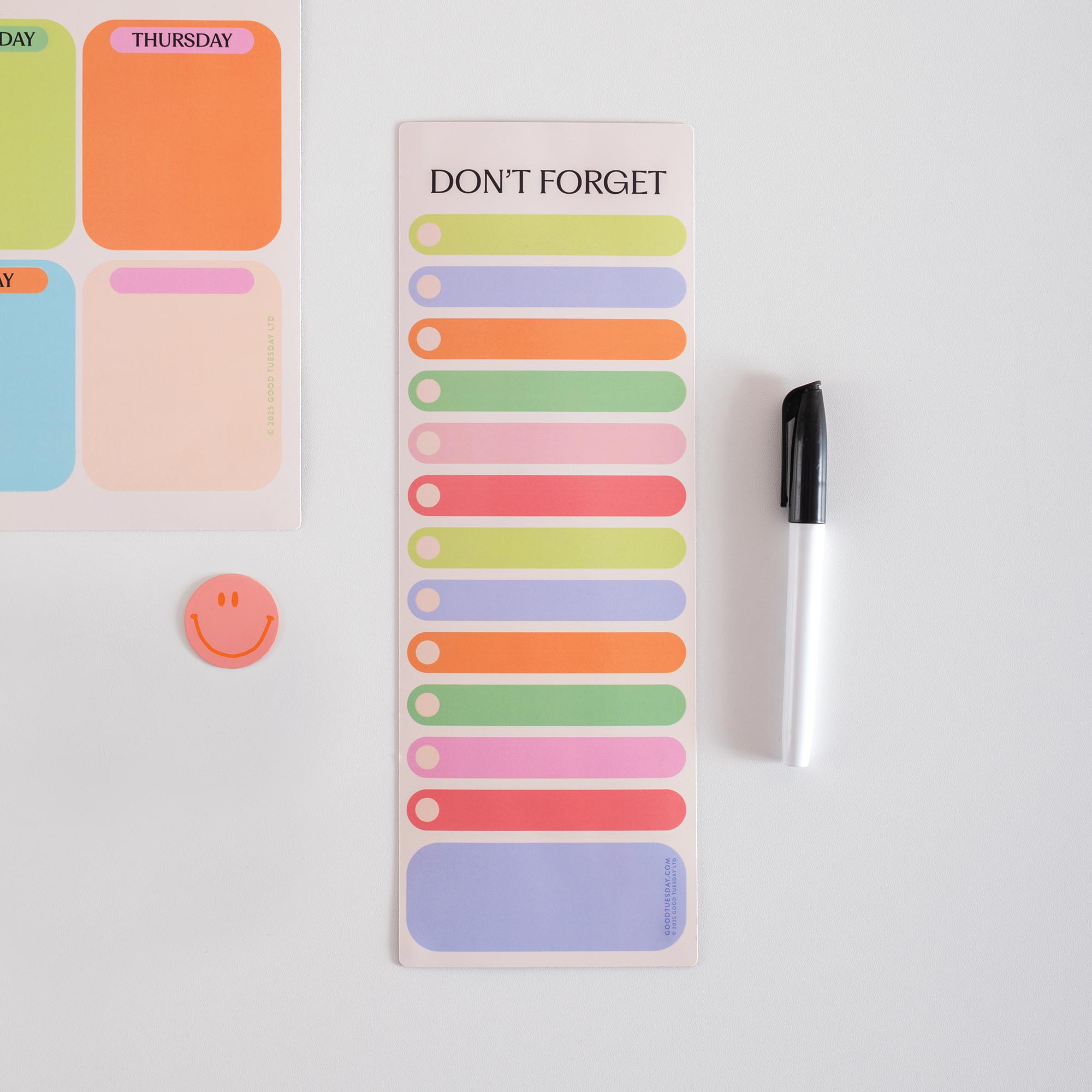 Good Tuesday's Don't Forget to do list. Magnetic Fridge planner, wipeable and reusable. Bright multicoloured design. 