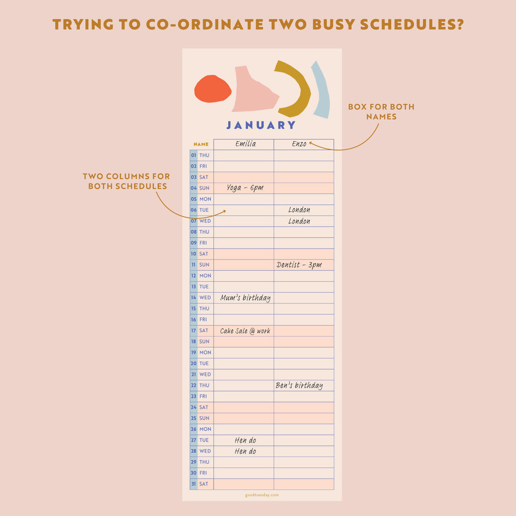 Couples Calendar, 2026 Calendar, two columns. Month view, separate boxes for both names.