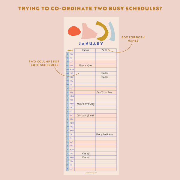 Couples Calendar, 2026 Calendar, two columns. Month view, separate boxes for both names.