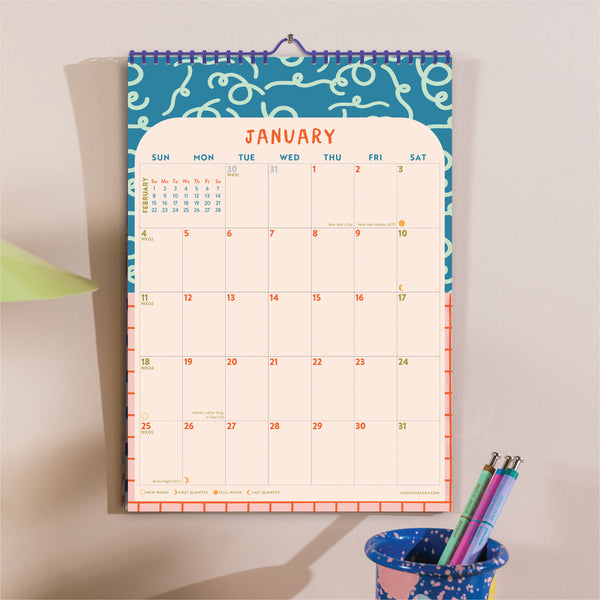 2026 colourful and vibrant calendar. Made on Recycled paper and in the UK. January to December. Has next month mini view. Includes moon phases and bank holidays. 