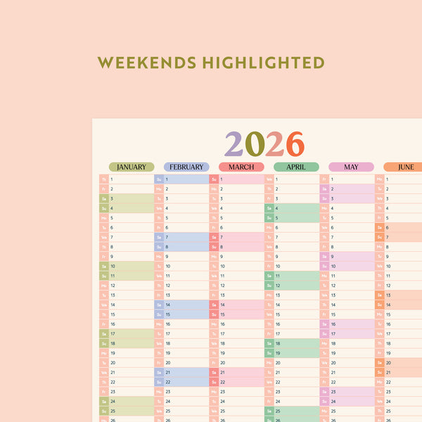 A close-up view of the top half of a 2026 pastel compact wall planner, displaying the months January through June. The text "WEEKENDS HIGHLIGHTED" is visible above the planner, with weekends clearly distinguished by a different pastel shade.