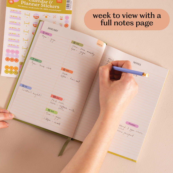 2026 diary with sunflower design. Orange and Peachy colours. With a week to view page and a dedicated notes page. 