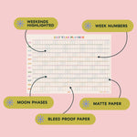 2027 year planner with highlighted weekends, week numbers, moon phases, and bleed proof paper.