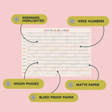 2027 year planner with highlighted weekends, week numbers, moon phases, and bleed proof paper.