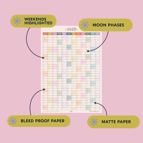 2027 Year at a glance Monthly Wall Planner. 100% Recycled Paper.  Moon Phases, Weekends Highlighted and Matte Paper. 