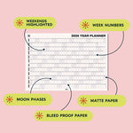 2026 year planner with highlighted weekends, week numbers, moon phases, and bleed proof paper