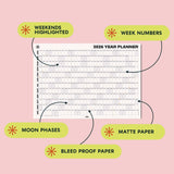 2026 year planner with highlighted weekends, week numbers, moon phases, and bleed proof paper