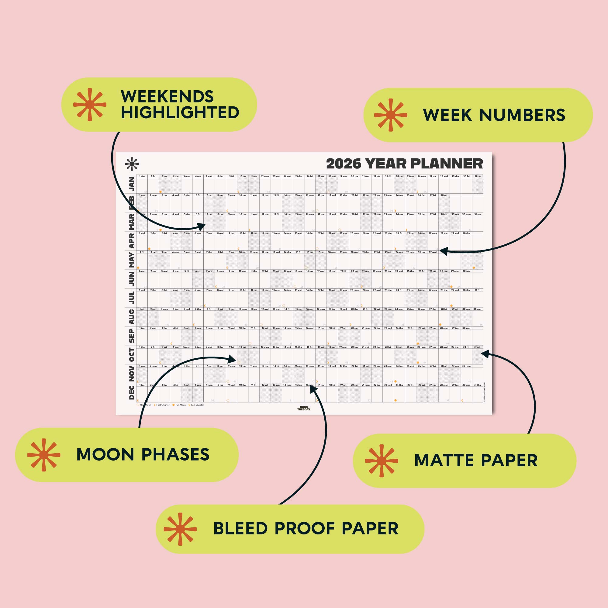 2026 year planner with highlighted weekends, week numbers, moon phases, and bleed proof paper